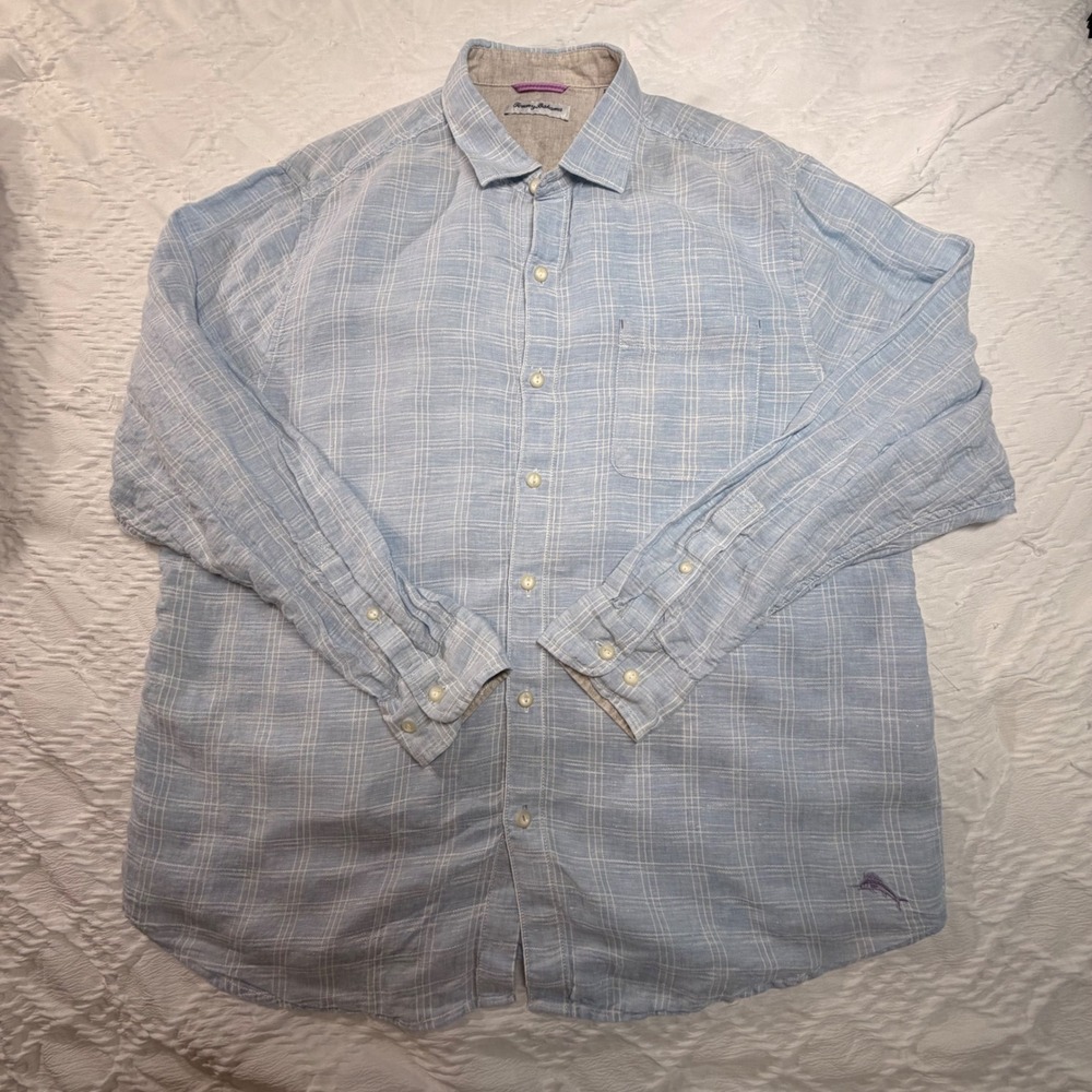 Tommy Bahama Men's XL 100% Linen Shirt Blue Plaid Long Sleeve Button Down